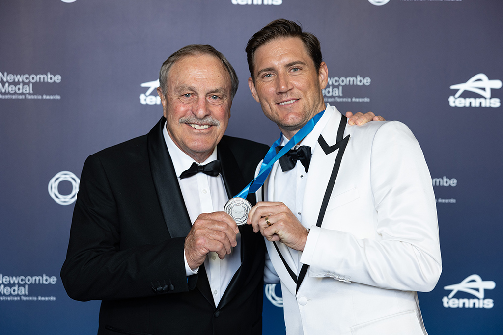 Winner of the 2024 Newcombe Medal Matt Ebden with John Newcombe  at the 2024 Newcombe Medal, Australian Tennis Awards at Crown Towers on Monday, December 9, 2024. Photo by TENNIS AUSTRALIA/FIONA HAMILTON
