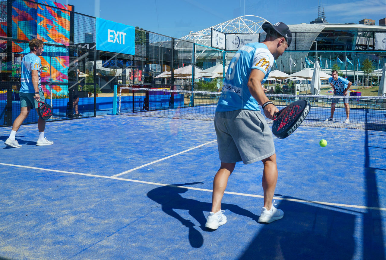 Members of the Melbourne City Football Club during a Padel match at the Padel Court during the Australian Open at Melbourne Park in Melbourne on Tuesday, January 25, 2022. MANDATORY PHOTO CREDIT Jay Town/TENNIS AUSTRALIA