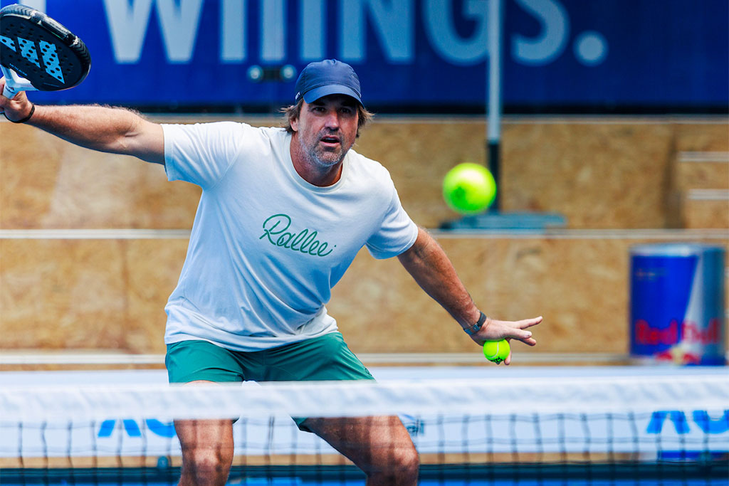 January 17: Pat Rafter (AUS) during a media call for the Red Bull Rally Pro at the Topcourt Padel arena at the Australian Open at Melbourne Park on Friday, January 17, 2025. Photo by TENNIS AUSTRALIA/ AARON FRANCIS