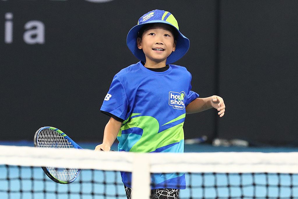 January 2:  Hot shots kids play on Pat Rafter Arena during the 2024 Brisbane International, on Tuesday, January 2, 2024. Photo by TENNIS AUSTRALIA/ JASON O'BRIEN