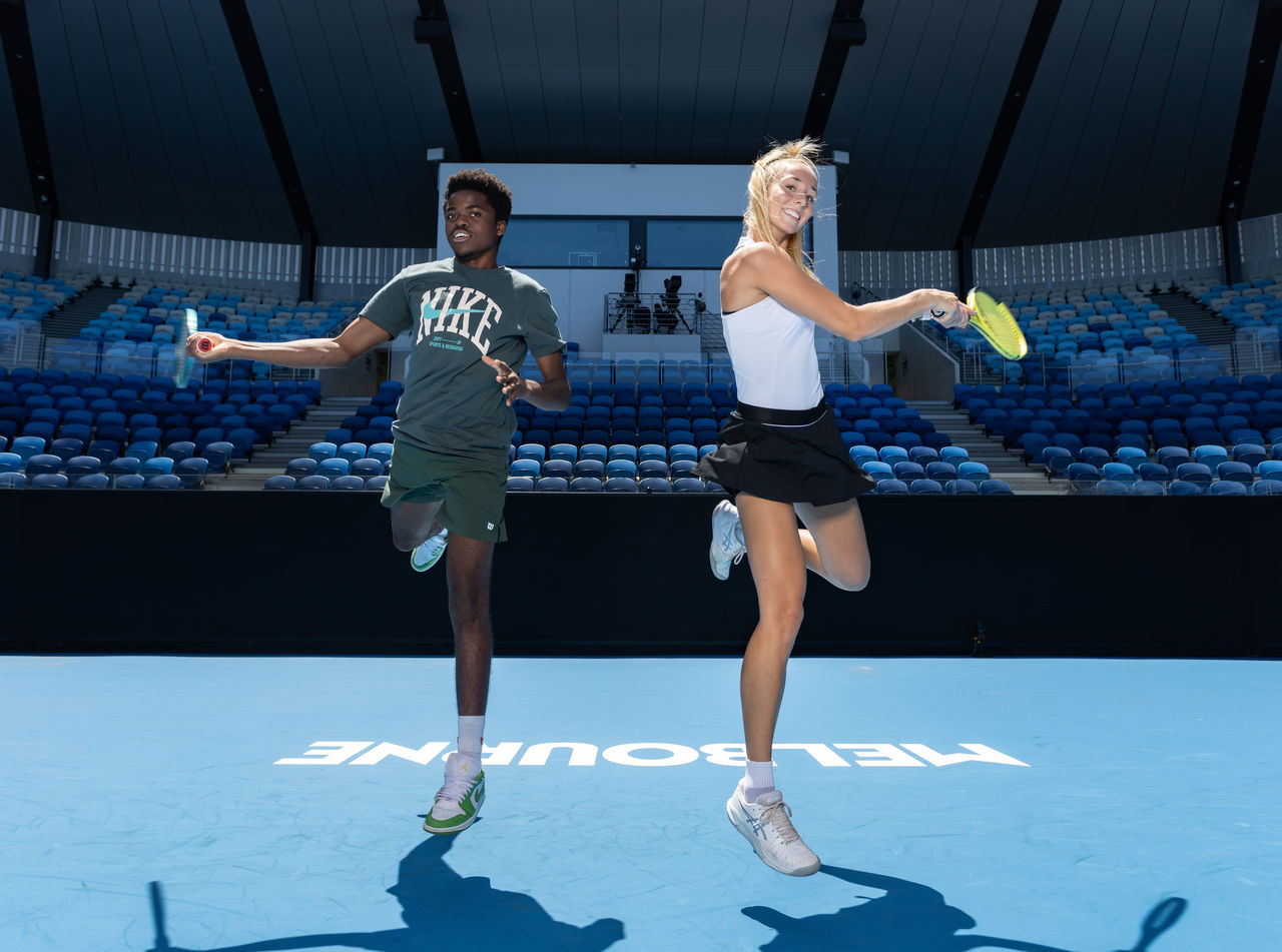 January 2: Nenyasha Manzvera (Royal South Yarra Tennis Club) and Zahra Arthur (Beaumaris Tennis Club) practicing in the hope of taking on the pros in the inaugural 1 Point Slam on Kia Arena Thursday 9 January, as part of Opening Week presented by Herald Sun.  Thursday, January 2, 2025. Photo by TENNIS AUSTRALIA/ FIONA HAMILTON