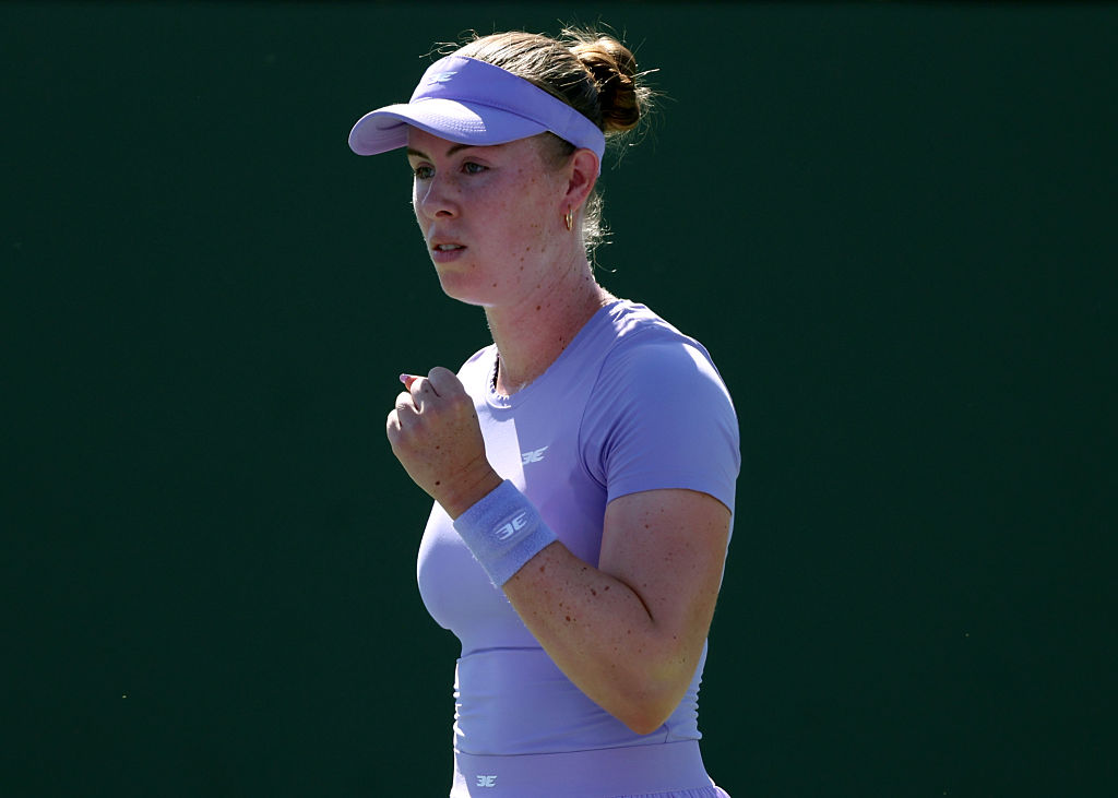 INDIAN WELLS, CALIFORNIA - MARCH 08: Talia Gibson of Australia celebrates a point in a match against Clara Tauson of Denmark during Day 5 of the BNP Paribas Open at Indian Wells Tennis Garden on March 08, 2026 in Indian Wells, California.  (Photo by Harry How/Getty Images)
