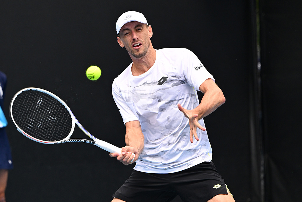 BRISBANE, AUSTRALIA - JANUARY 03: Nick Kyrgios of Australia plays a backhand ahead of the 2026 Brisbane International at Pat Rafter Arena on January 03, 2026 in Brisbane, Australia. (Photo by Bradley Kanaris/Getty Images)