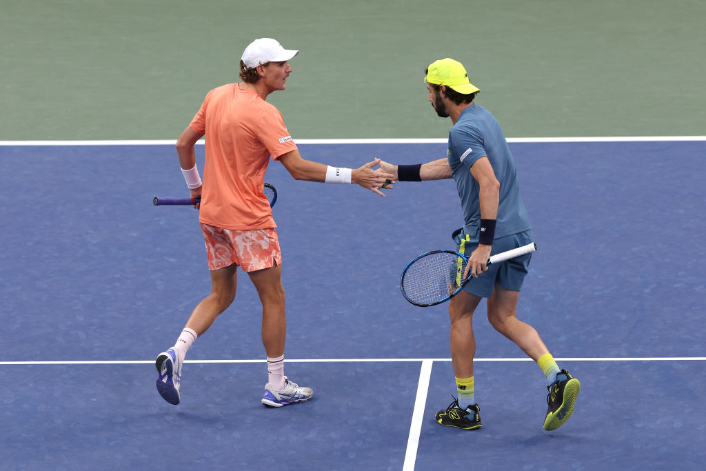 NEW YORK, NEW YORK - SEPTEMBER 05:  Jordan Thompson (R) of Australia celebrates with partner Max Purcell of Australia against Nathaniel Lammons of the United States and partner Jackson Withrow of the United States during their Men's Doubles Semifinal match on Day Eleven of the 2024 US Open at USTA Billie Jean King National Tennis Center on September 05, 2024 in the Flushing neighborhood of the Queens borough of New York City. (Photo by Jamie Squire/Getty Images)