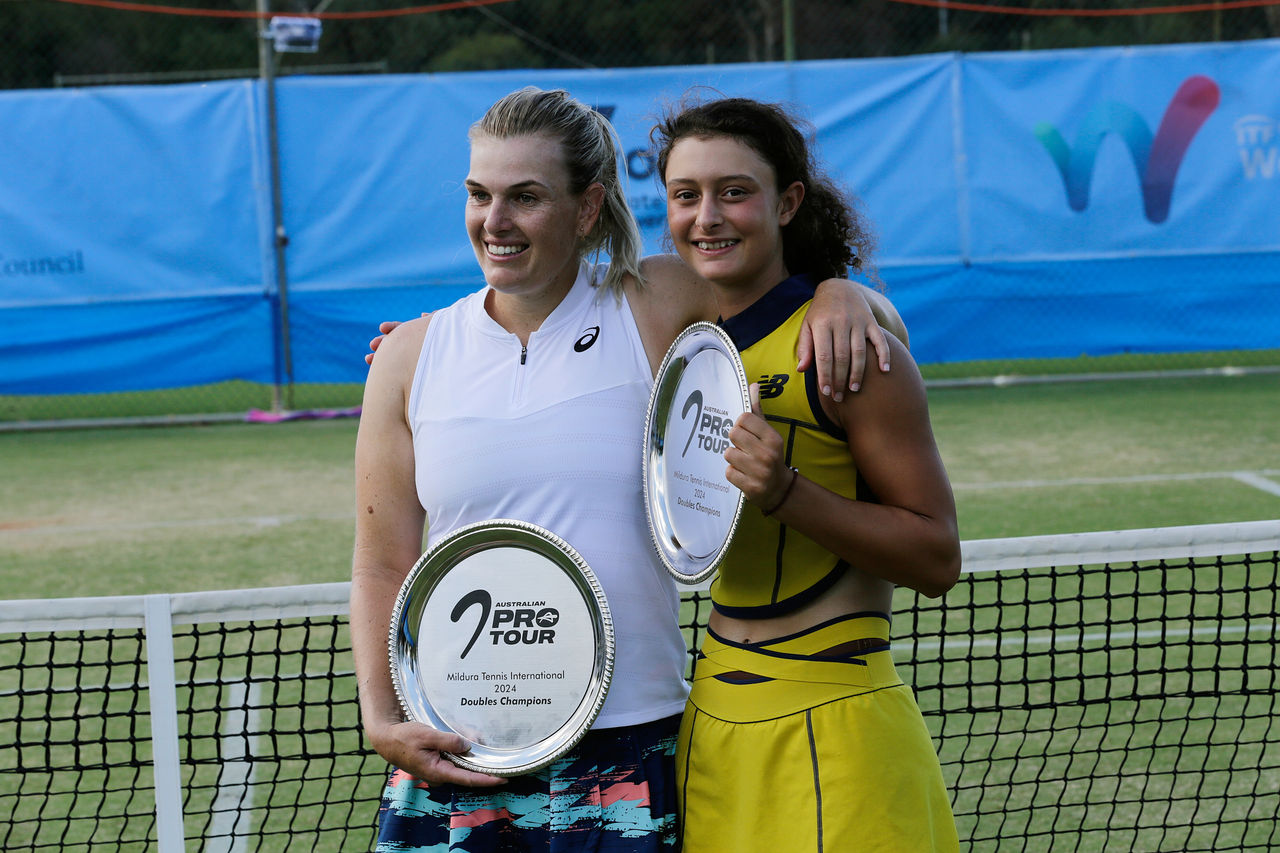 March 16: Alica Smith and Tahlia Kokkinis of Queensland with thier trophies during the resentation ceremony  of the Mildura International at the Mildura Lawn Tennis Club on Saturday, March 16, 2024. Photo by TENNIS AUSTRALIA/ IAN MCKENZIE