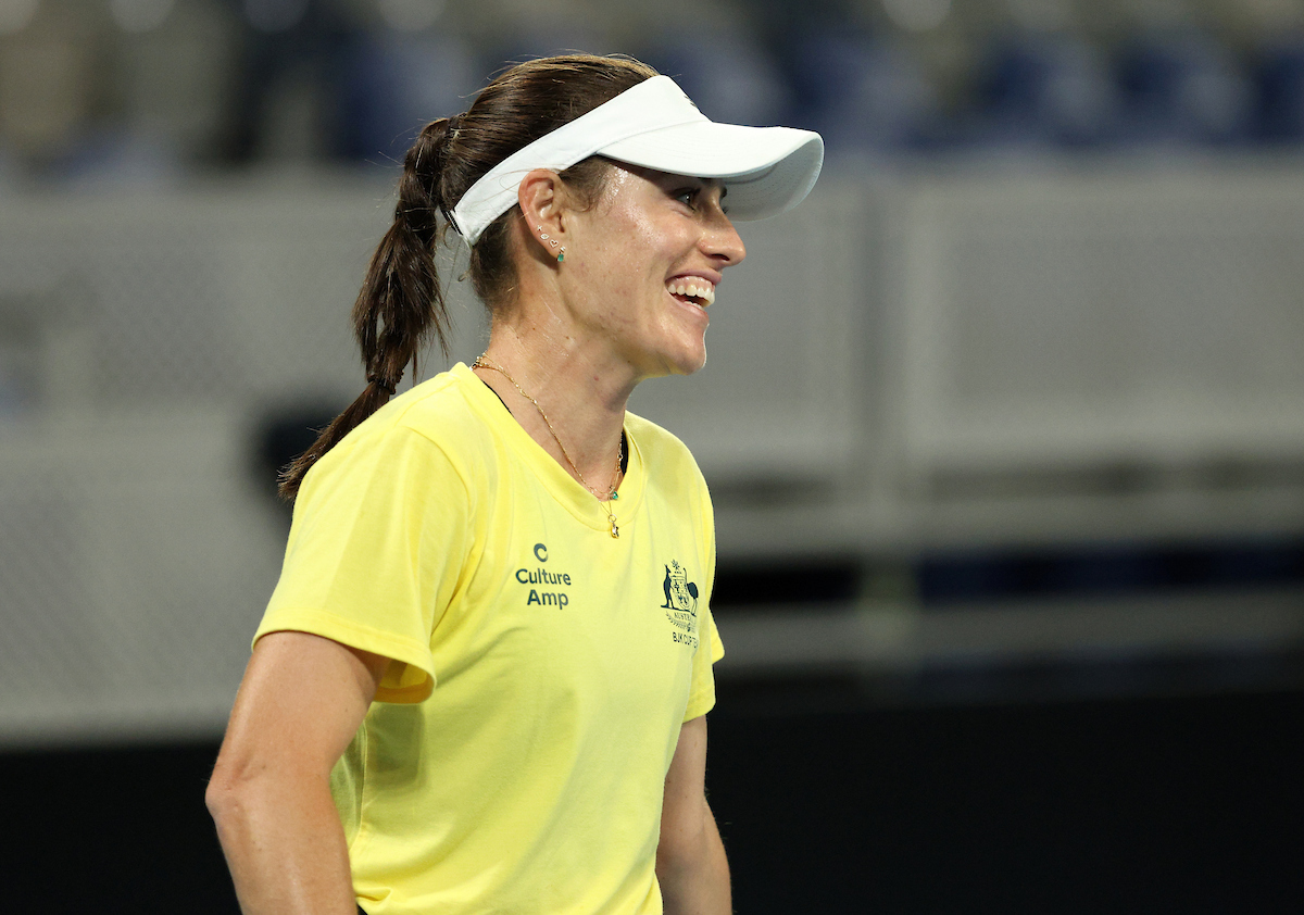 April 7:  Kimberly Birrell (AUS) during practice on John Cain Arena on Tuesday, April 7, 2026 during the Billie Jean King Cup  AUSTRALIA V’S GBR Photo by TENNIS AUSTRALIA/HAMISH BLAIR