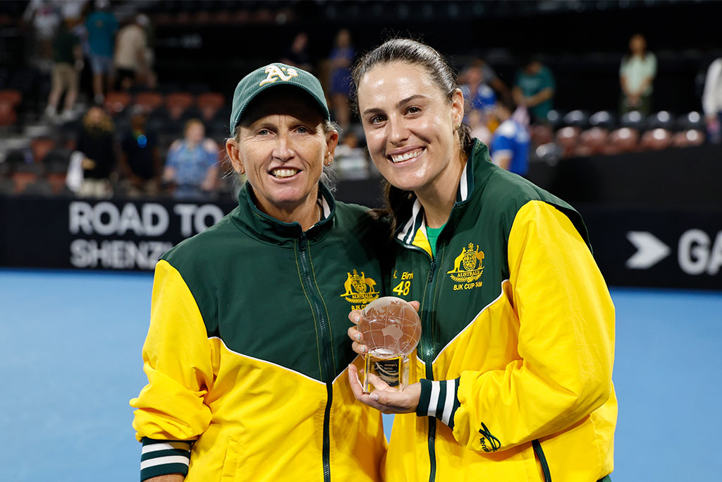 April 12: Nicole Pratt (AUS) and Kimberly Birrell (AUS) during the 2025 Billie Jean King Cup Qualifiers at Pat Rafter Arena in Brisbane, Queensland on Saturday, April 12, 2025. Photo by Josh Woning