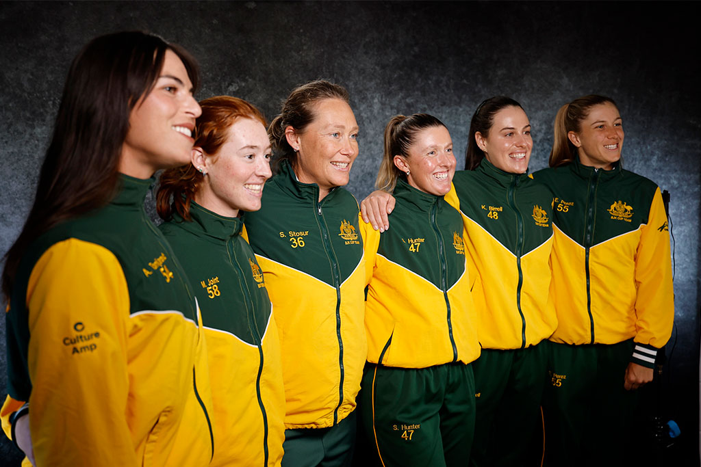 April 9: The Australian team during the 2025 Billie Jean King Cup Qualifiers at Pat Rafter Arena in Brisbane, Queensland on Wednesday, April 9, 2025. Photo by Josh Woning