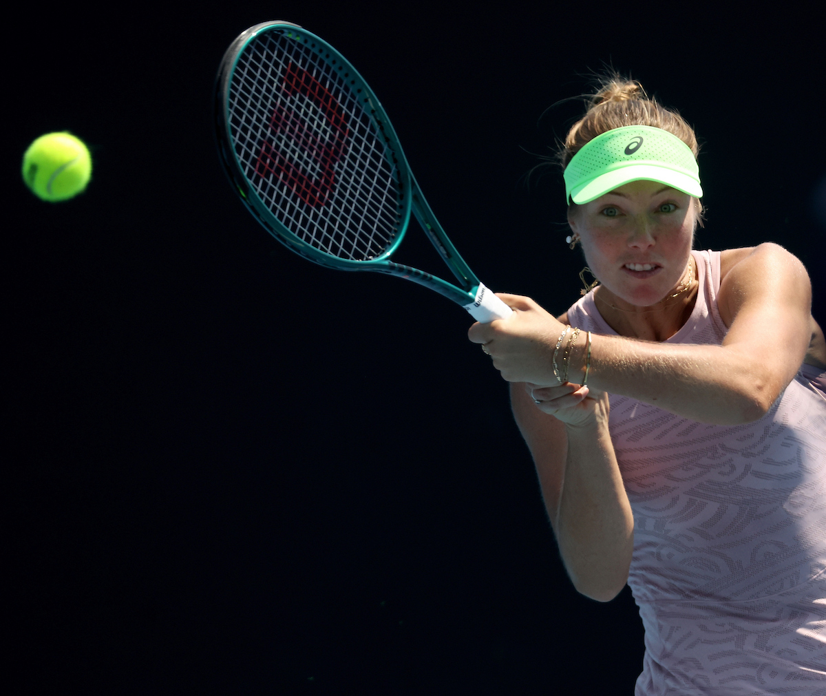 BRISBANE, AUSTRALIA - JANUARY 07: Olivia Gadecki of Australia celebrates a point in her first round Women's Singles match against Mirra Andreeva of Russia during day four of the 2026 Brisbane International at Pat Rafter Arena on January 07, 2026 in Brisbane, Australia. (Photo by Albert Perez/Getty Images)