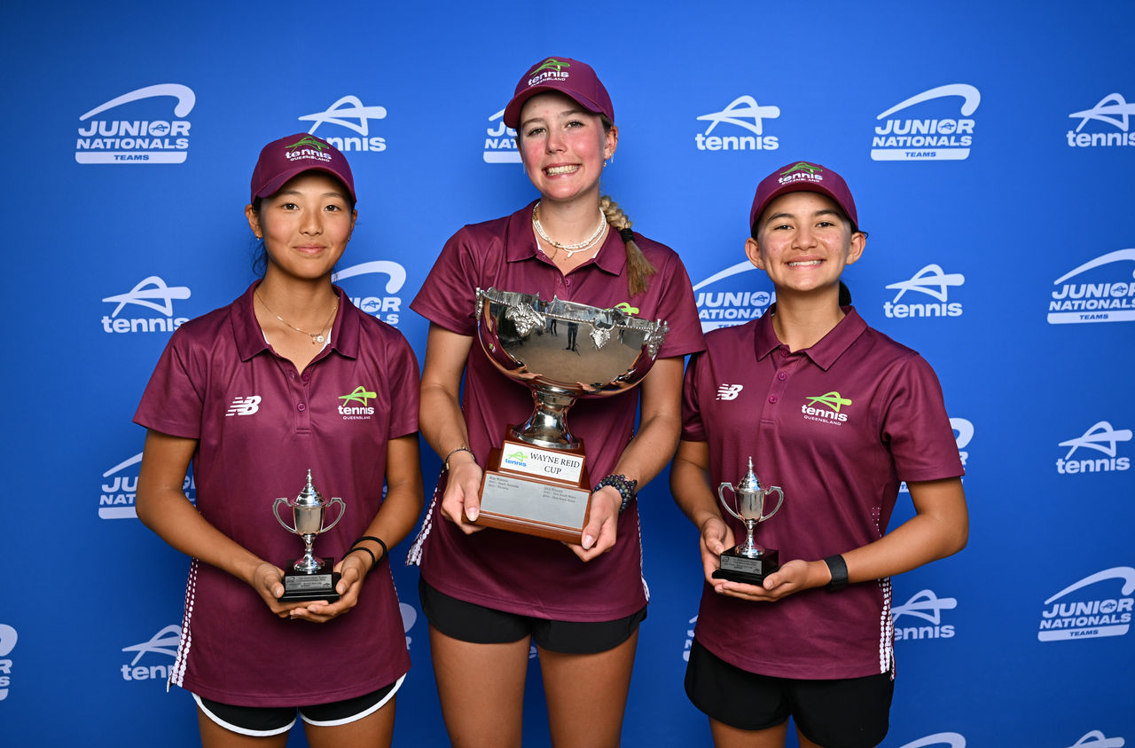 June 30: Winners (QLD) U15 Girls - L to R: Gina Cha, Georgia Campbell, Tori Russell during the Australian Teams Championships at KDV Tennis Centre, Gold Coast. Photo by TENNIS AUSTRALIA / DAN PELED