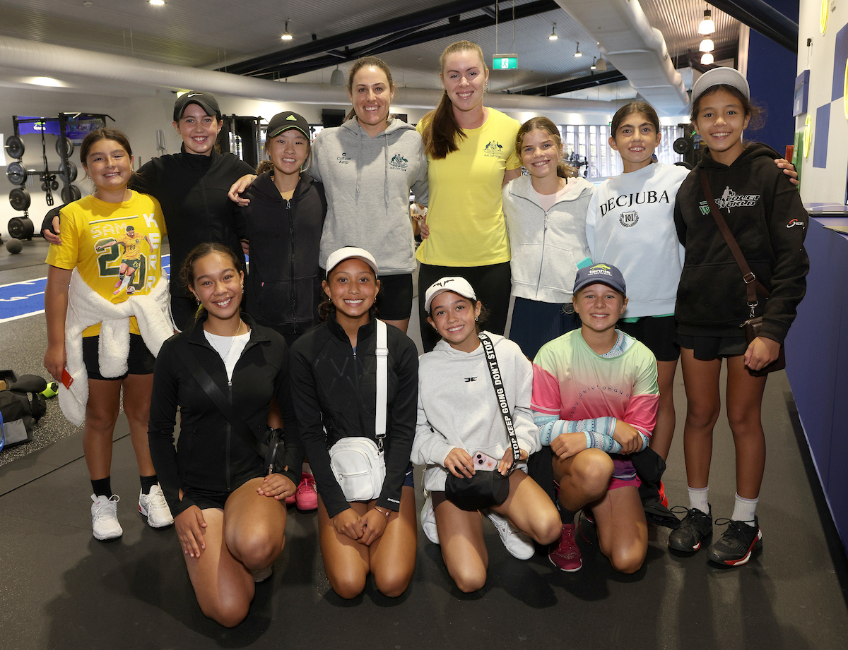 April 8: Kimberly Birrell (AUS) and Talia Gibson (AUS) meet the BJKC Junior Camp squad on Wednesday, April 8, 2026 during the Billie Jean King Cup  AUSTRALIA V’S GBR Photo by TENNIS AUSTRALIA/HAMISH BLAIR