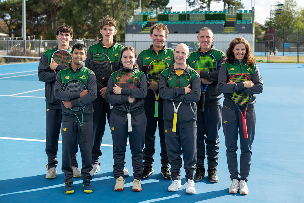 April 24: (L-R) Hayden Ballard, Hunter Thompson, Archie Graham, Damian Phillips, Kelly Wren, Aman Ramadani, Andriana Petrakis, Timothy Gould at the Australian IDA final training camp at Tennis World Canberra, before the Virtus World Tennis Championships in Kazakhstan, shot on Thursday, April 24, 2025. Photo by TENNIS AUSTRALIA/ MARTIN OLLMAN