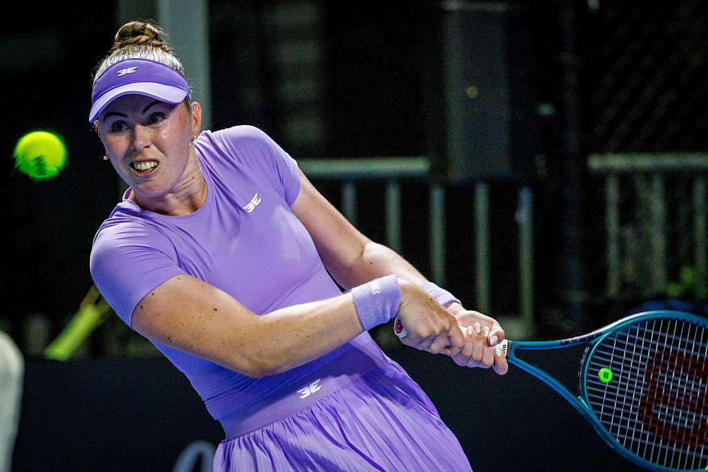 Australia's Talia Gibson hits a return against Ukraine's Dayana Yastremska during the women's singles match at the Brisbane International tennis tournament in Brisbane on January 5, 2026. (Photo by Patrick HAMILTON / AFP via Getty Images) / -- IMAGE RESTRICTED TO EDITORIAL USE - STRICTLY NO COMMERCIAL USE --