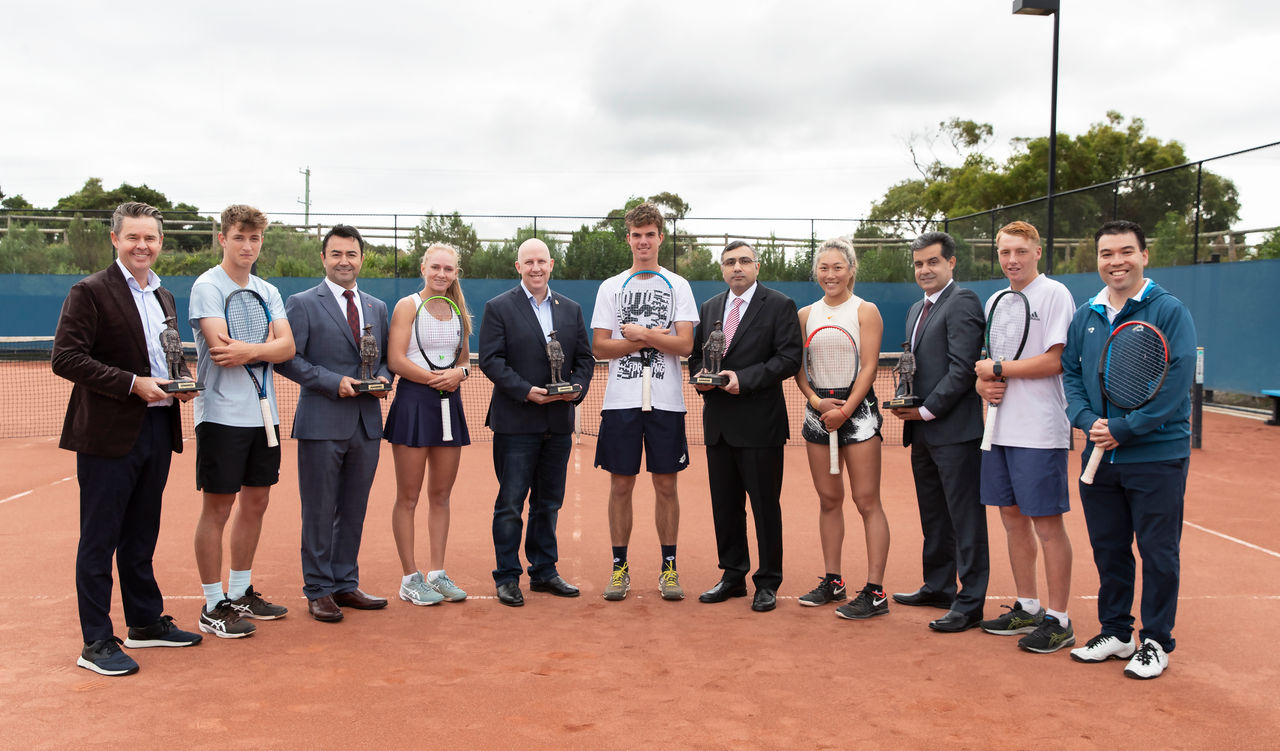Todd Woodbridge, 22-time Grand Slam champion, Jack Loutit (NZ)  , Bekir Kilic, Principal Partner – CEO of PRO IT,  Taylah Preston (AUS) Jamie Twidale RSL Vic CEO, Cooper White (AUS) Eser Torun, Consul General for the Republic of Turkey  Vivian Yang (NZ),  Umit Oraloglu, Gallipoli Youth Cup founder, Edward Winter (AUS) and Francis Soyer, Tournament Director Gallipoli Youth Cup founder.
 Mornington Tennis Club on  Monday, April 26, 2021.  In its 13th edition, the Gallipoli Youth Cup is recognised as the world’s only international junior tennis tournament held in commemoration of the soldiers who lost their lives at Gallipoli.  MANDATORY PHOTO CREDIT TENNIS AUSTRALIA/FIONA HAMILTON