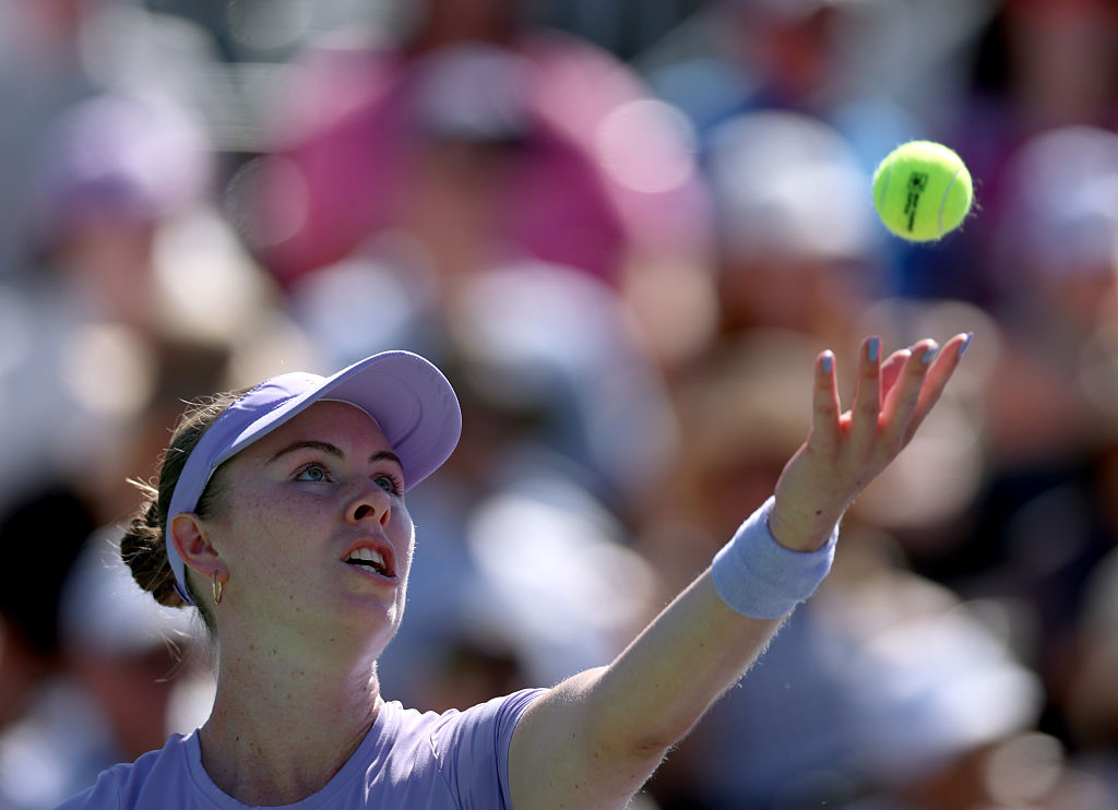 INDIAN WELLS, CALIFORNIA - MARCH 08: Talia Gibson of Australia serves in a match against Clara Tauson of Denmark during Day 5 of the BNP Paribas Open at Indian Wells Tennis Garden on March 08, 2026 in Indian Wells, California.  (Photo by Harry How/Getty Images)