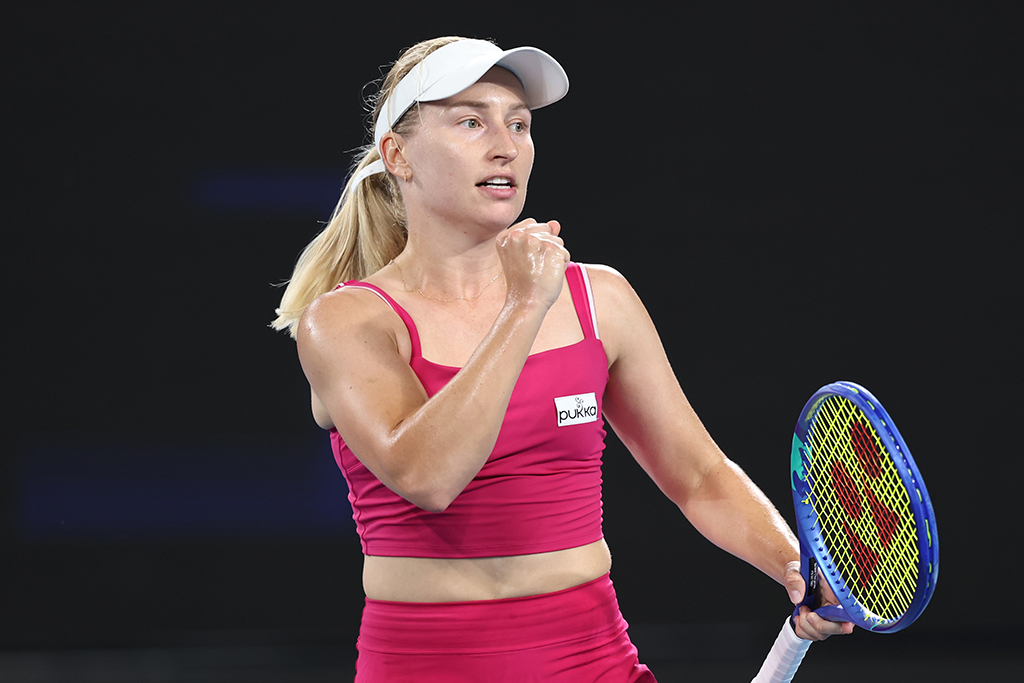 MELBOURNE, AUSTRALIA - JANUARY 12: Daria Saville of Australia celebrates a point against Anna Blinkova in the Women's Singles First Round match during day one of the 2025 Australian Open at Melbourne Park on January 12, 2025 in Melbourne, Australia. (Photo by Cameron Spencer/Getty Images)