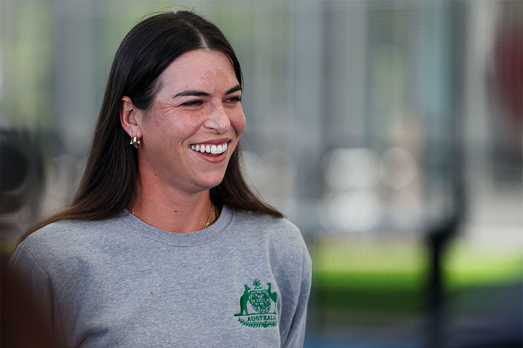 April 7: Ajla Tomljanovic (AUS) during Press Conference at the 2025 Billie Jean King Cup Qualifiers at Pat Rafter Arena in Brisbane, Queensland on Monday, April 7, 2025. Photo by DYLAN PARKER