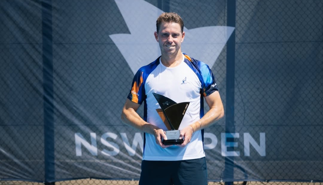 James Duckworth wins the Perpetual NSW Open trophy at Sydney Olympic Park. Photo credit: Tennis NSW 