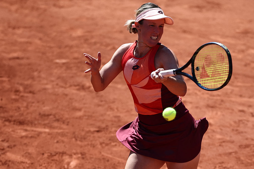 Australia's Storm Hunter plays a forehand return to Ukraine's Elina Svitolina during their women's singles match on day four of the Roland-Garros Open tennis tournament at the Court Simonne-Mathieu in Paris on May 31, 2023. (Photo by Anne-Christine POUJOULAT / AFP) (Photo by ANNE-CHRISTINE POUJOULAT/AFP via Getty Images)