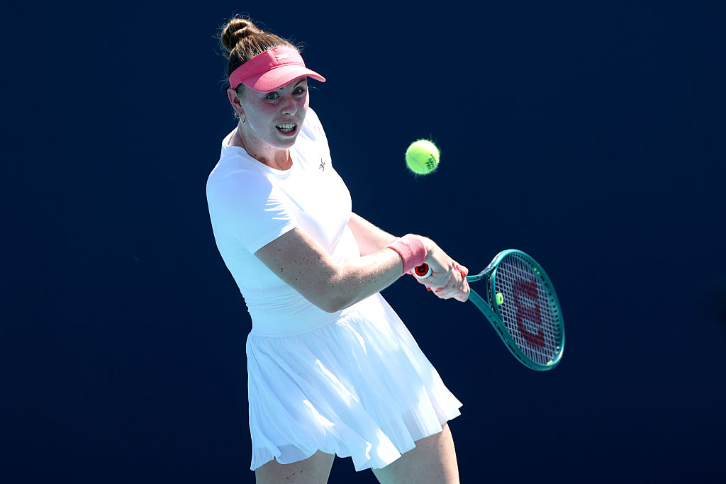 MIAMI GARDENS, FLORIDA - MARCH 22: Talia Gibson of Australia returns a shot to Iva Jovic of the United States on Day 6 of the Miami Open Presented by Itau at Hard Rock Stadium on March 22, 2026 in Miami Gardens, Florida. (Photo by Matthew Stockman/Getty Images)