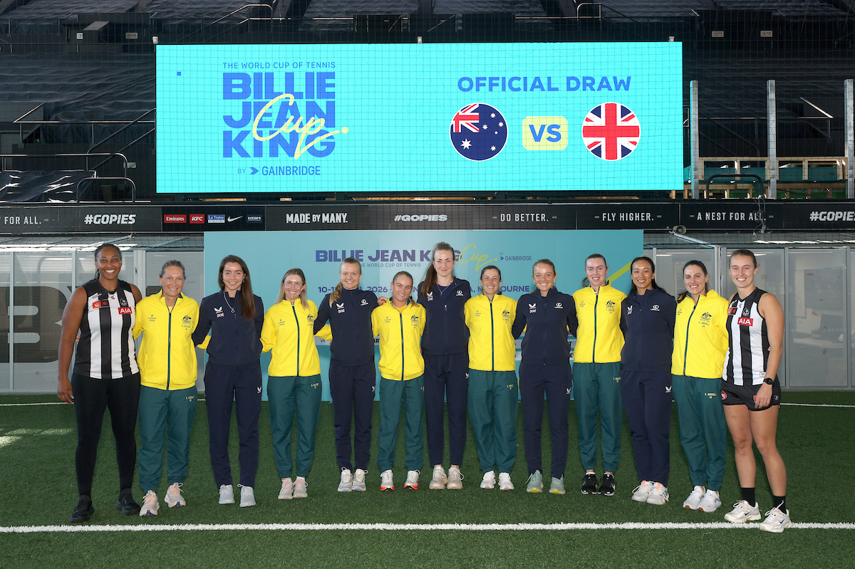 April 9: (L - R) Sabrina Frederick (AFLW) Samantha Stosur (AUS) Jodie Burrage (GBR) Storm Hunter (AUS) Harriet Dart (GBR) Emerson Jones (AUS) Mika Stojsavljevic (GBR) Ellen Perez (AUS) Katie Swan (GBR) Talia Gibson (AUS) Anne Keothavong (GBR) Kimberly Birrell (AUS) and Jordyn Allen (AFLW) at the Official Draw at the Glasshouse on Thursday, April 9, 2026 during the Billie Jean King Cup  AUSTRALIA V’S GBR Photo by TENNIS AUSTRALIA/HAMISH BLAIR