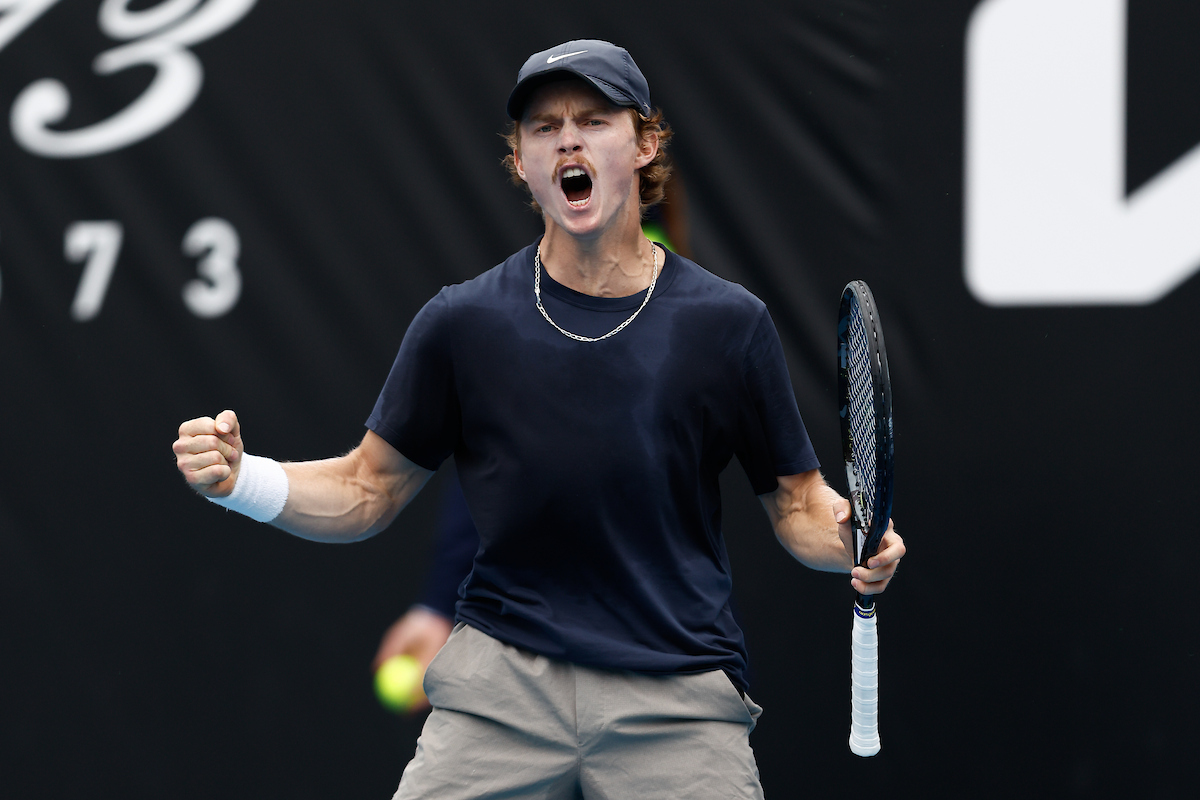 January 14: Dane Sweeny (AUS) celebrates a point during the Second Round of Men’s Qualifying Singles on ANZ Arena during Opening Week prior to the 2026 Australian Open Wednesday, January 14, 2026. Photo by TENNIS AUSTRALIA/DYLAN BURNS