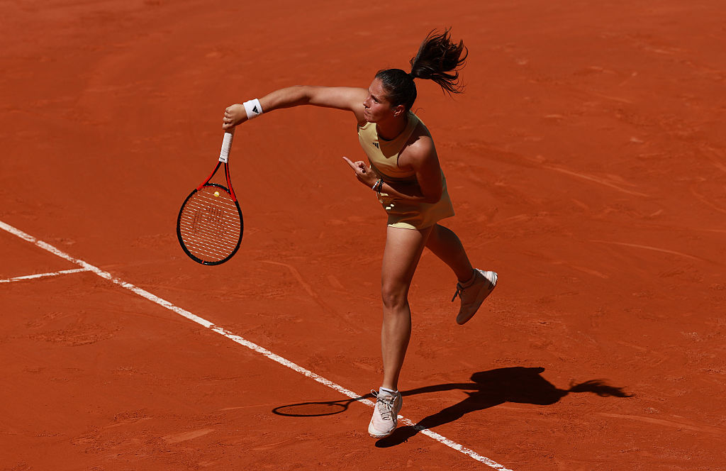 MADRID, SPAIN - APRIL 25: Daria Kasatkina of Australia serves against Alycia Parks of United States during Day Four of the Mutua Madrid Open at La Caja Magica on April 25, 2025 in Madrid, Spain. (Photo by Clive Brunskill/Getty Images)