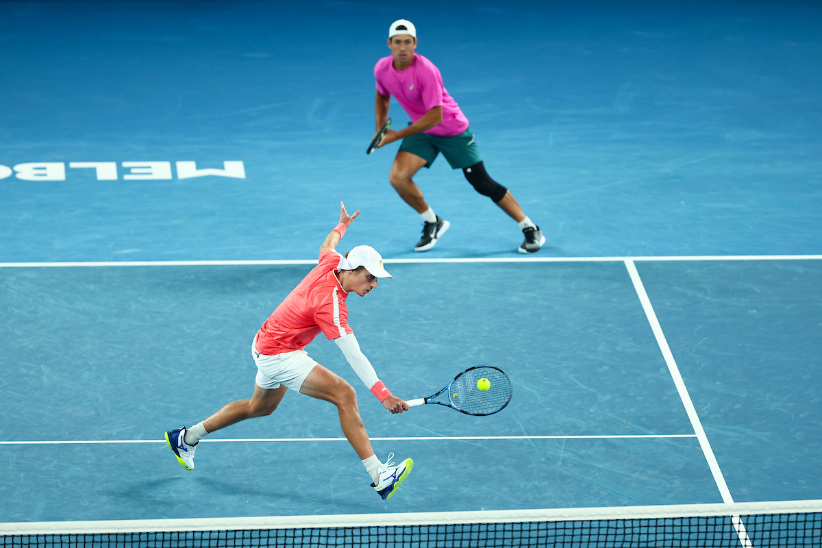 January 25: Marc Polmans (AUS) and Jason Kubler (AUS) on Ron Laver Arena during Men’s Doubles Round 2 of the 2026 Australian Open at Melbourne Park Sunday, January 25, 2026. Photo by TENNIS AUSTRALIA/JOSH CHADWICK