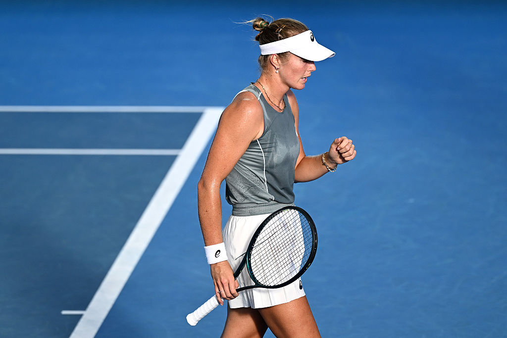 BRISBANE, AUSTRALIA - JANUARY 07: Olivia Gadecki of Australia celebrates a point in her first round Women's Singles match against Mirra Andreeva of Russia during day four of the 2026 Brisbane International at Pat Rafter Arena on January 07, 2026 in Brisbane, Australia. (Photo by Albert Perez/Getty Images)