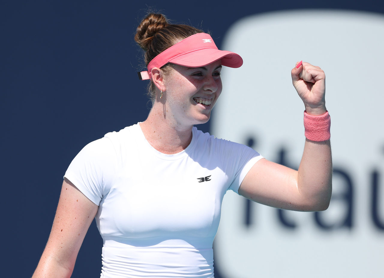 MIAMI GARDENS, FLORIDA - MARCH 21: Talia Gibson  of Australia celebrates match point in her win against Naomi Osaka  of Japan during Day 5 of the Miami Open at Hard Rock Stadium on March 21, 2026 in Miami Gardens, Florida. (Photo by Al Bello/Getty Images)