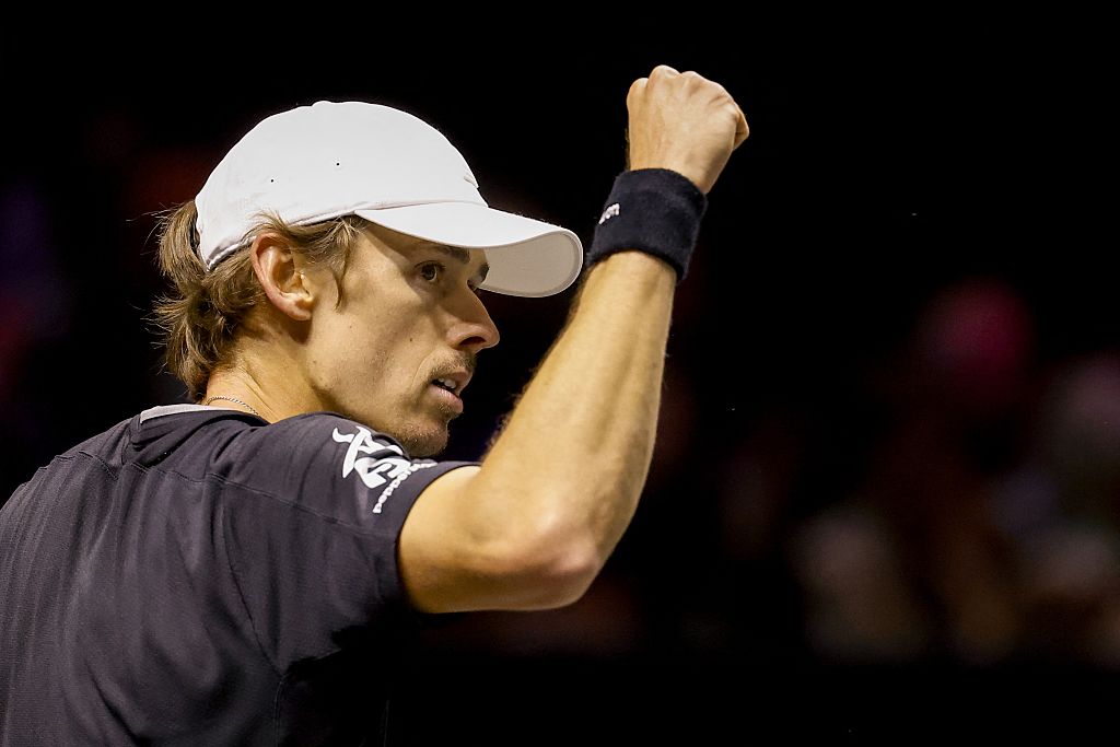Australia's Alex de Minaur celebrates after defeating France's Ugo Humbert during the semi-finals of the Rotterdam tennis tournament at Rotterdam Ahoy, on February 14, 2026. (Photo by Bas CZERWINSKI / ANP / AFP via Getty Images) / Netherlands OUT