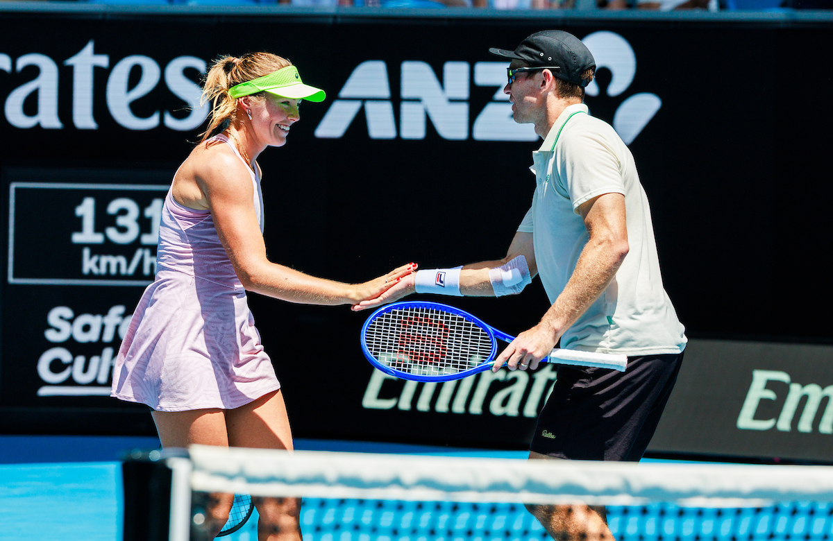 January 25: Olivia Gadecki (AUS) and John Peers (AUS) during mixed doubles in Margaret Court Arena during round 4 at the 2026 Australian Open at Melbourne Park Sunday, January 25, 2026. Photo by TENNIS AUSTRALIA/AARON FRANCIS