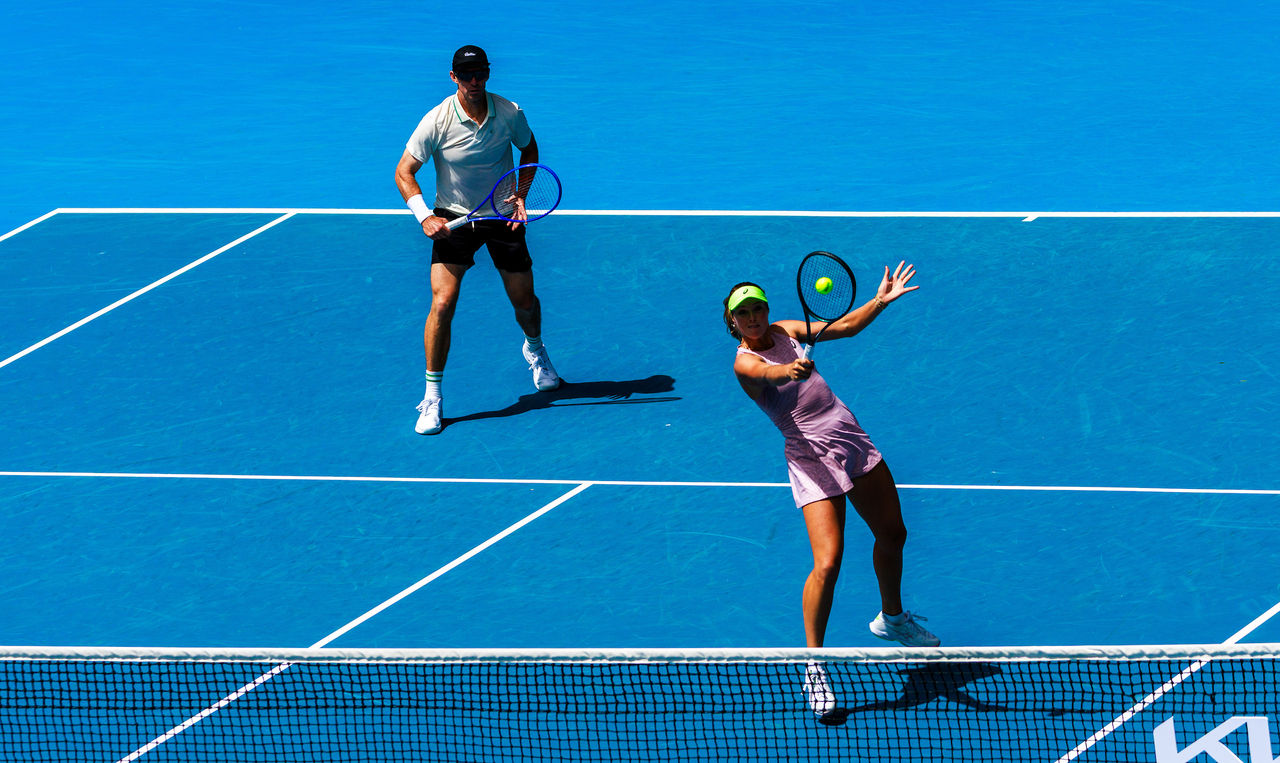 January 25: Olivia Gadecki (AUS) and John Peers (AUS) during mixed doubles in Margaret Court Arena during round 4 at the 2026 Australian Open at Melbourne Park Sunday, January 25, 2026. Photo by TENNIS AUSTRALIA/AARON FRANCIS