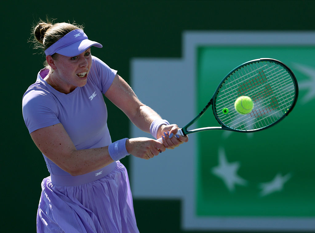 INDIAN WELLS, CALIFORNIA - MARCH 08: Talia Gibson of Australia plays a forehand in a match against Clara Tauson of Denmark during Day 5 of the BNP Paribas Open at Indian Wells Tennis Garden on March 08, 2026 in Indian Wells, California.  (Photo by Harry How/Getty Images)