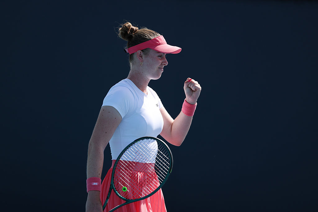 MIAMI GARDENS, FLORIDA - MARCH 19: Talia Gibson of Australia celebrates match point against Sara Bejlek of Czech Republic during Day 3 of the Miami Open at Hard Rock Stadium on March 19, 2026 in Miami Gardens, Florida. (Photo by Al Bello/Getty Images)