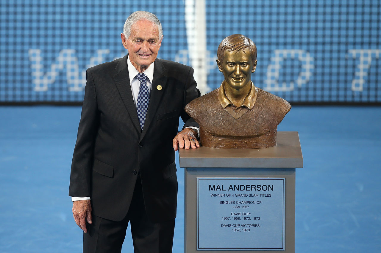 BRISBANE, AUSTRALIA - JANUARY 06:  Mal Anderson is named as an icon of Queensland tennis during day four of the 2016 Brisbane International at Pat Rafter Arena on January 6, 2016 in Brisbane, Australia.  (Photo by Chris Hyde/Getty Images)