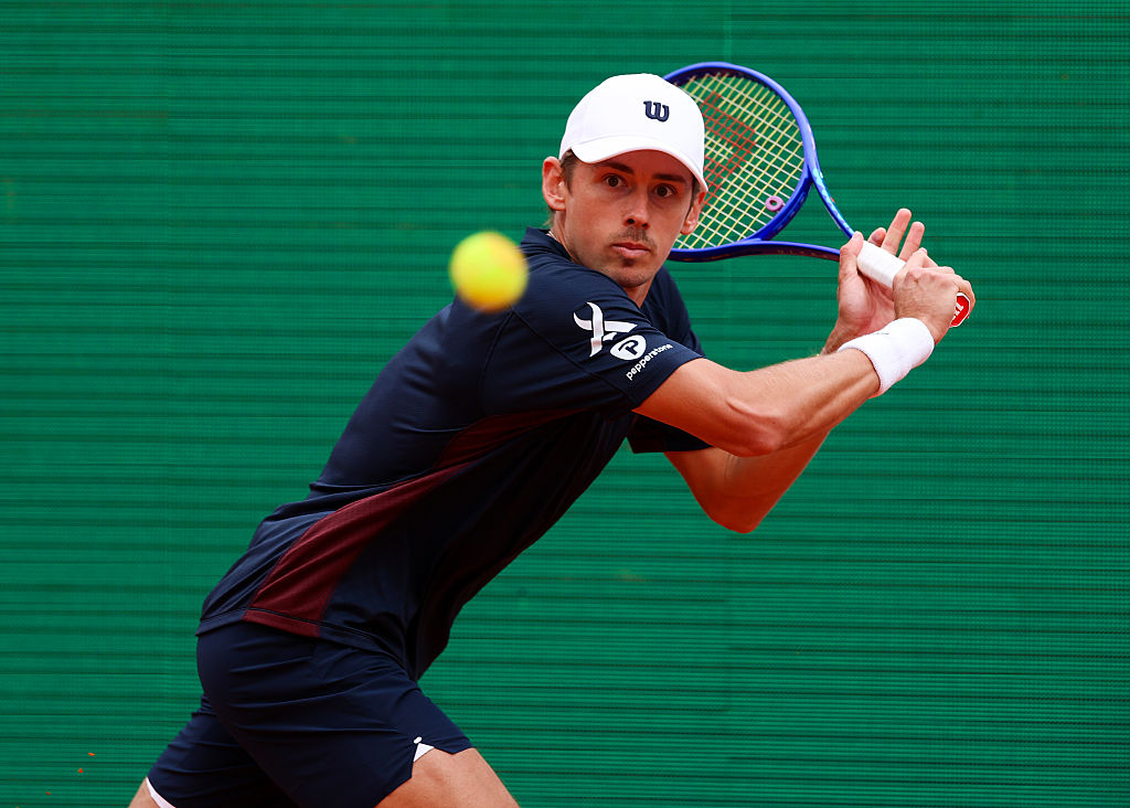 MONTE-CARLO, MONACO - APRIL 10: Alex de Minaur of Australia plays a backhand against Valentin Vacherot of Monaco during the Men's Singles Quarter Final match on day six of the Rolex Monte-Carlo Masters at Monte-Carlo Country Club on April 10, 2026 in Monte-Carlo, Monaco. (Photo by Julian Finney/Getty Images)