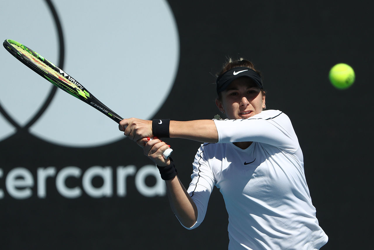HOBART, AUSTRALIA - JANUARY 09: Belinda Bencic of Switzerland  plays a shot during her singles match against Zoe Hives of Australia during day five of the 2019 Hobart International at Domain Tennis Centre on January 09, 2019 in Hobart, Australia. (Photo by Robert Cianflone/Getty Images)