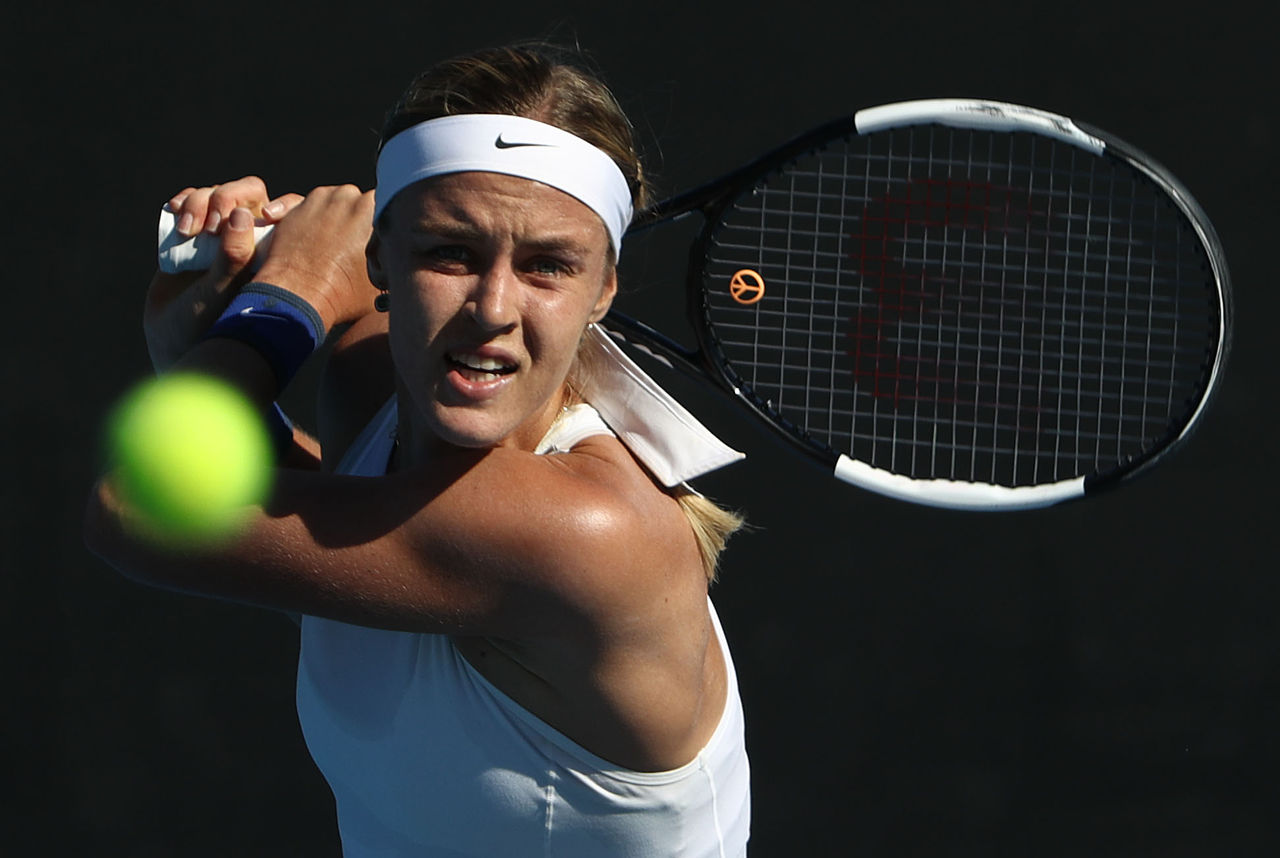 HOBART, AUSTRALIA - JANUARY 11: Anna Karolina Schmiedlova of Slovakia plays a shot during her semifinal match against Belinda Bencic of Switzerland during day seven of the 2019 Hobart International at Domain Tennis Centre on January 11, 2019 in Hobart, Australia. (Photo by Robert Cianflone/Getty Images)