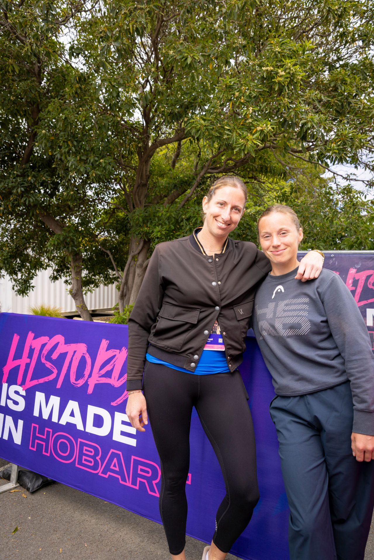 January 16: Magali Kempen (BEL) and Anna Siskova (CZE) after winning their semi-final doubles match during the Hobart International at the Domain Tennis Centre on Friday, January 16, 2026. Photo by TENNIS AUSTRALIA/ RICHARD JUPE
