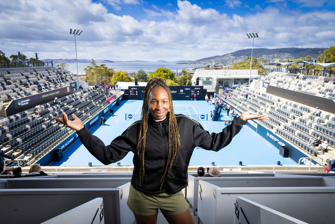 January 11: Venus Williams in front of Centre Court with the Hobart waterfront in the background. Day 2 of qualifying at the Hobart International, at The Domain Tennis Centre on Sunday, January 11, 2026. Photo by TENNIS AUSTRALIA/RICHARD JUPE