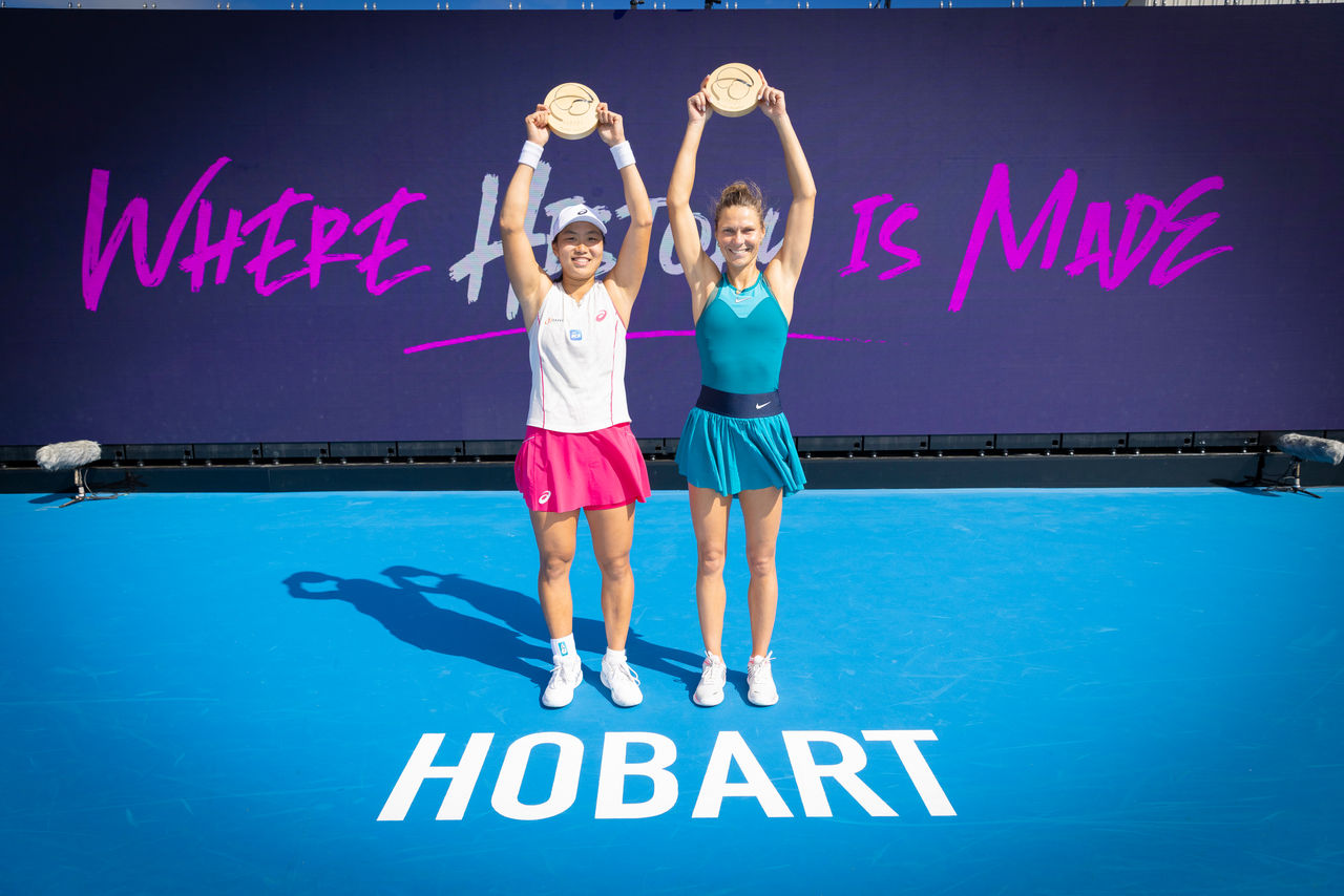 January 17: Doubles Final trophy presentation for the match between  Magali Kempen (BEL)/Anna Siskova (CZE) and Janice Tjen (INA)/Katarzyna Piter (POL) in the Hobart International at the Domain Tennis Centre on Saturday, January 17, 2026. Photo by TENNIS AUSTRALIA/ RICHARD JUPE