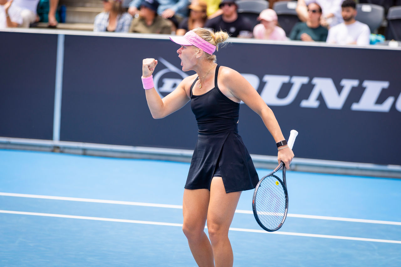 January 13: Peyton Stearns (USA)  in action in her match against Barbora Krejcikova (CZE). The Hobart International, Domain Tennis Centre. Opening Week prior to the 2026 Australian Open Tuesday, January 13, 2026. Photo by TENNIS AUSTRALIA/RICHARD JUPE