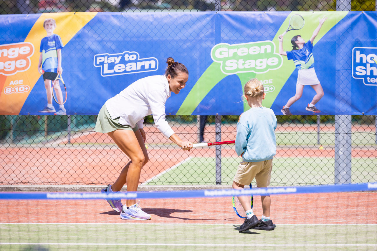 January 10: Tatjana Maria (GER) has a fun hit with some fans. Day one of qualifying at Hobart International, at The Domain Tennis Centre on Saturday, January 10, 2026. Photo by TENNIS AUSTRALIA/RICHARD JUPE