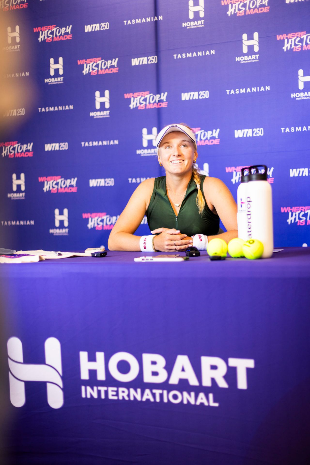 January 12:  Taylah Preston (AUS) talks to the media after winning her match against Jessica Bouzas Maneiro (ESP) at The Domain Tennis Centre during Opening Week prior to the 2026 Australian Open Monday, January 12, 2026. Photo by TENNIS AUSTRALIA/RICHARD JUPE