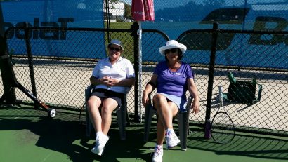 Waiting for their opposition - Val Wakerley and Pierina Ziebarth