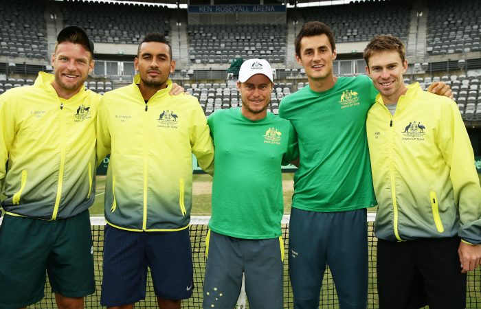 SYDNEY, AUSTRALIA - SEPTEMBER 17: (l-R) Sam Groth, Nick Kyrgios, Bernard Tomic and John Peers of Australia with captain of Australian Lleyton Hewitt (C) pose after winning the Davis Cup World Group playoff between Australia and Slovakia at Sydney Olympic Park Tennis Centre on September 17, 2016 in Sydney, Australia. (Photo by Matt King/Getty Images)