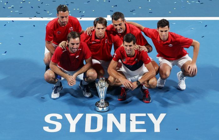 SYDNEY, AUSTRALIA - JANUARY 12: Team Serbia celebrate winning the ATP Cup final against Spain during day 10 of the ATP Cup at Ken Rosewall Arena on January 12, 2020 in Sydney, Australia. (Photo by Matt King/Getty Images)