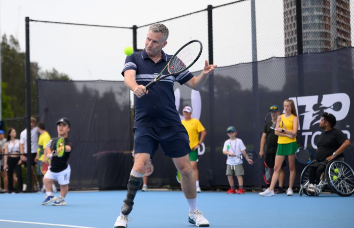 January 3:  Adam Hills taking part in Adaptive Tennis during the 2024 United Cup in Sydney, on Wednesday, January 3, 2024. Photo by TENNIS AUSTRALIA/ JAMES GOURLEY