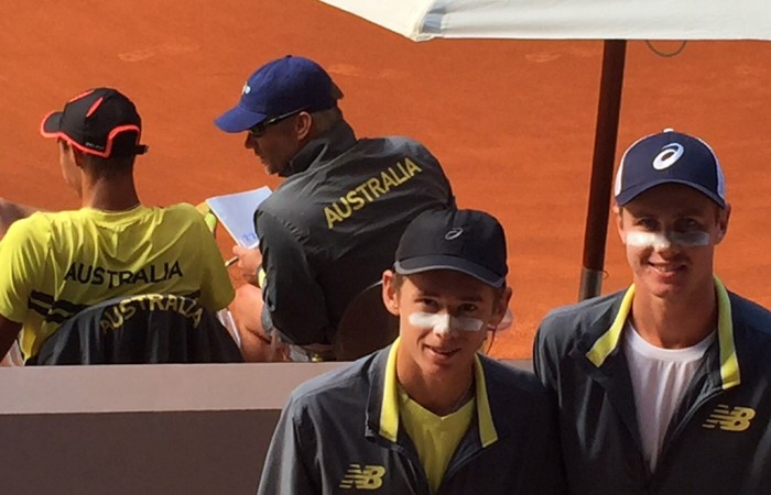 Australia's Junior Davis cup team (of front) Alex De Minaur and Blake Ellis and (back L-R) Alexi Popyrin and captain Ben Pyne at the competition